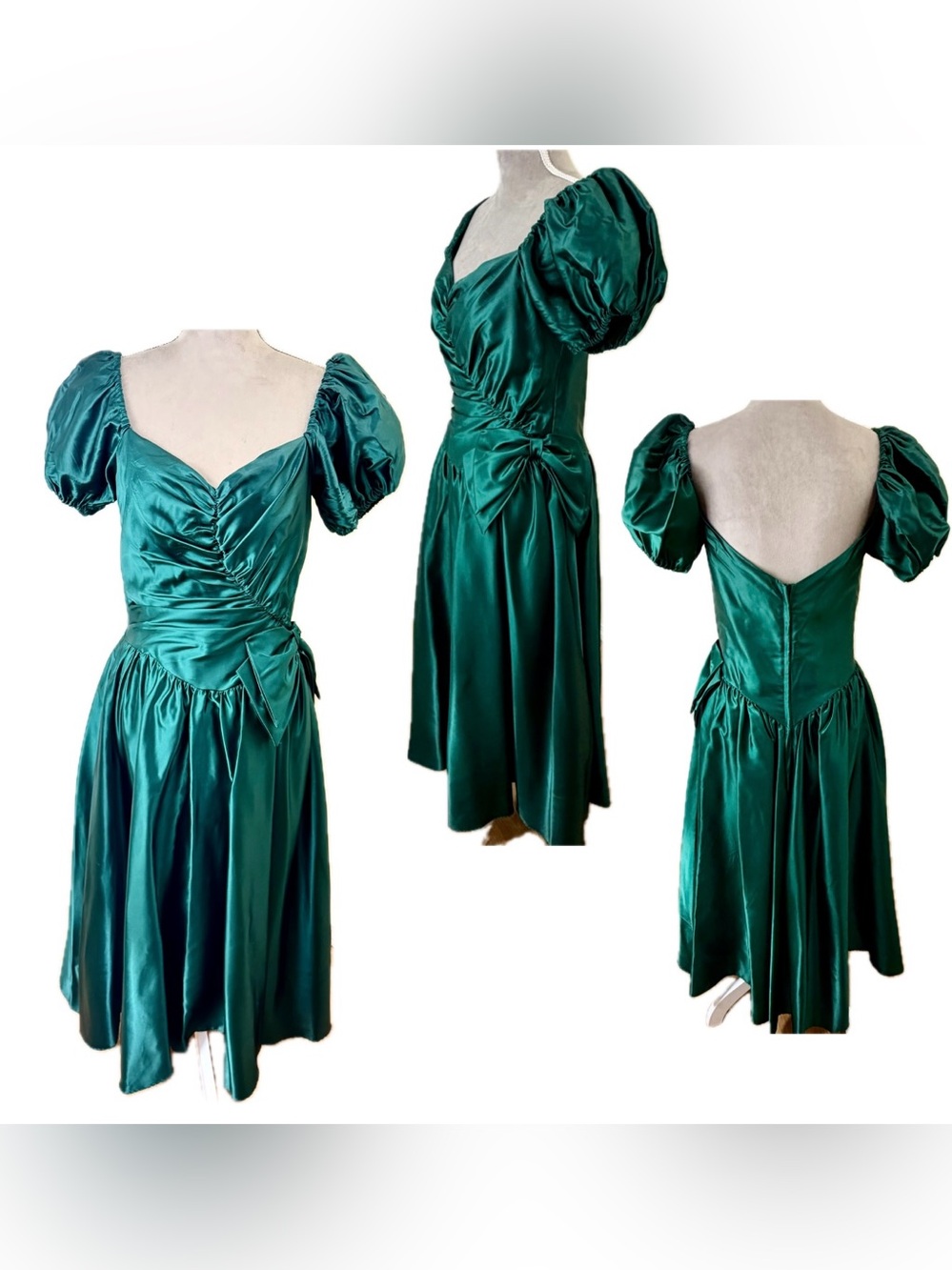 Vintage 80s Dress 11 Gown Emerald Green Puff Sleeve Bow Glam Retro Princess USA